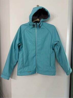 Salomon Women’s Light Blue fleece lined hooded soft shell jacket outdoors hiking
